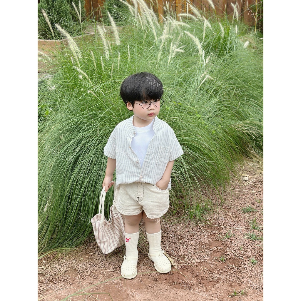 Áo sơ mi kẻ cổ tàu Taby Kids, chất liệu vải thô mềm thoáng mát cho bé 8-27kg TB997