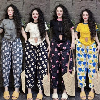 Set đồ nữ Hot, ÁO TĂM TRƠN Phối Viền Cổ Tay Mix QUẦN BAGGY ĐŨI Siêu Xinh, lai quần có phối bèo (KO KÈM DÂY BUỘC TÓC)