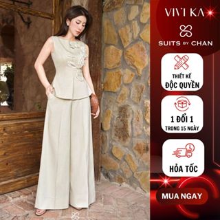 Áo kiểu nữ hở tay họa tiết Seraphine, Quần dài ống rộng Marvella -SUITS BY CHANS SCAO00074 SCQD00051