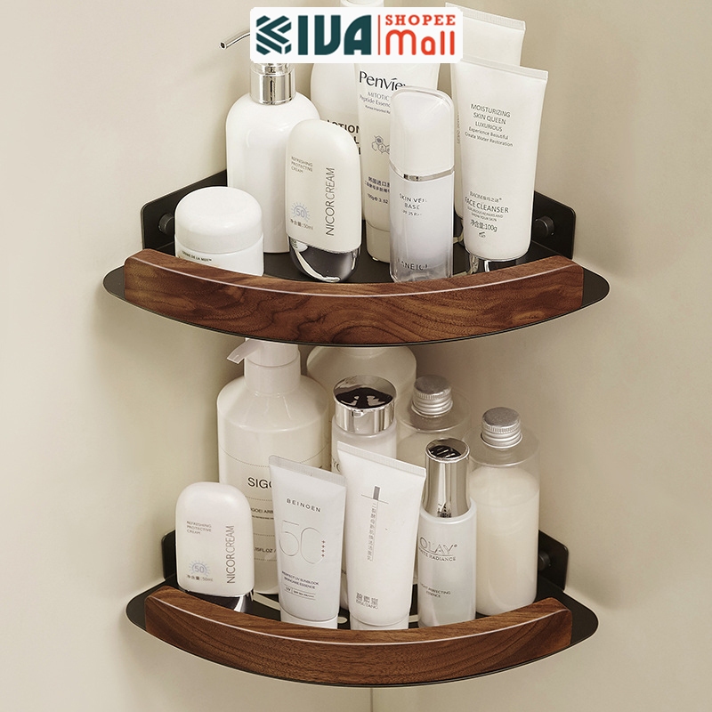 Kệ góc phòng tắm, nhà tắm để đồ KIVA, chất liệu gỗ óc chó, nhôm hàng không, lắp đặt 2 cách