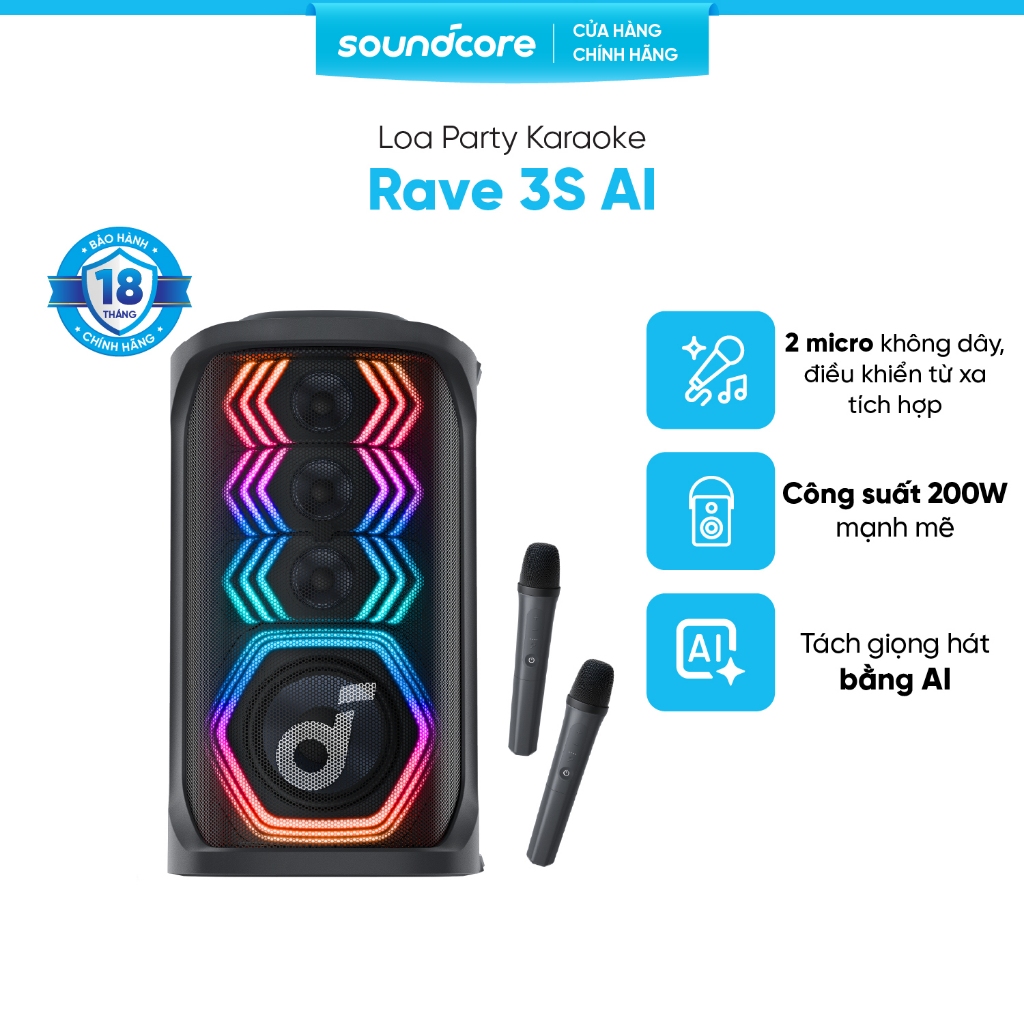 Loa bluetooth karaoke party soundcore Rave 3S | Công suất 200W | 2 mic không dây | BigBuy360 - bigbuy360.vn