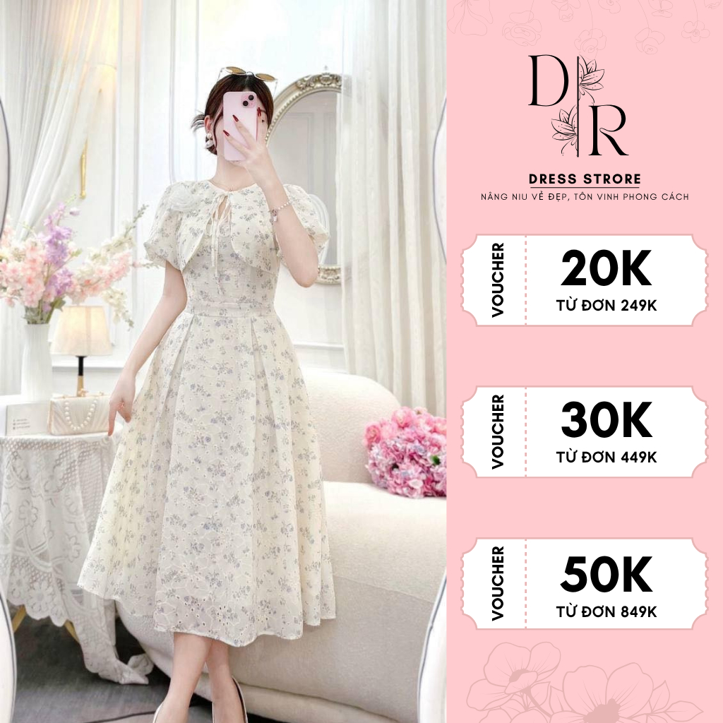 Đầm xòe dài hoa nhí vintage phối cape nơ ngực váy tiểu thư cổ điển thanh lịch DS5992 - DVC Chính Hãn