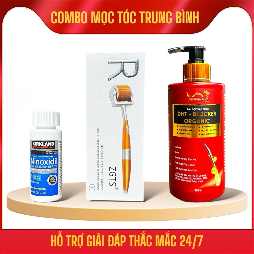 (Mã 05) Combo Mọc Tóc Trung Bình. Gồm minoxidil 5% + Lăn Kim (0,5mm Hoặc 1,5mm) + Dầu Gội DHT Blocke