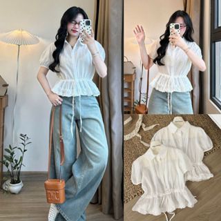Áo sơ mi nữ nhún dây bèo rút eo kiểu babydoll tay ngắn phối dây buộc nơ eo dáng xoè Kimii 2233 P0K22