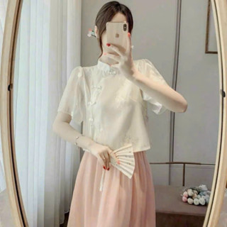  Set bộ thời trang nữ mặc đi chơi đi tết chất áo voan tơ thêu cổ tàu tay ngắn váy lưng thun 2 lớp dáng chữ A dài maxi 