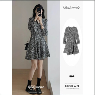   HÀNG SẴN  Váy hoa nhí đen trắng dài tay MORAN thắt eo xoè ngắn điệu đà phong cách Hàn Quốc- VH315  Big size  