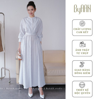 Váy Cổ Tàu Dáng Bồng Sang Trọng Kèm Đai Thắt Eo – 2 Phiên Bản Trắng & Kẻ Xanh – ByAAN A031