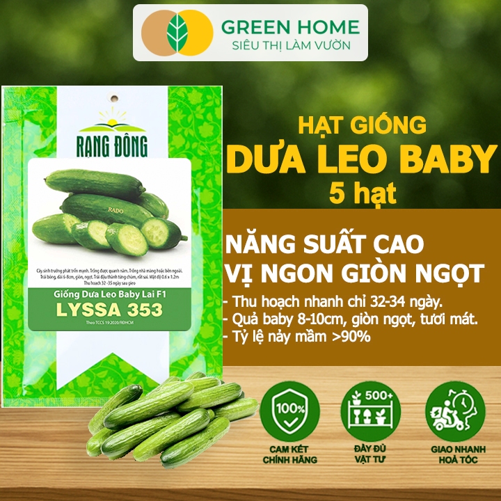 Hạt Giống Dưa Leo Baby GreenHome, Gói 5 Hạt, Trái Suôn Dạng Chùm Giòn Ngọt, Dễ Trồng, Năng Suất T01