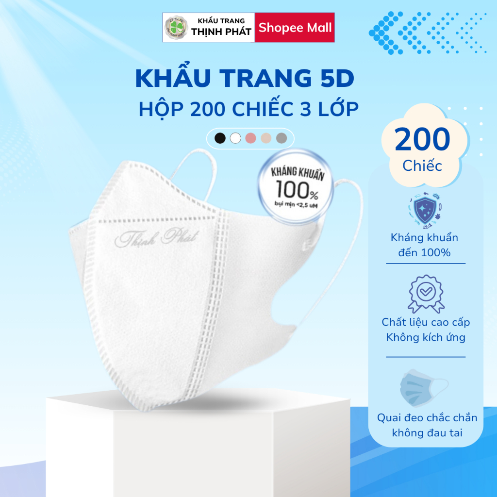200 chiếc Khẩu Trang 5D Thịnh Phát, 3 lớp kháng khuẩn - chống bụi mịn chống nắng hiệu quả.