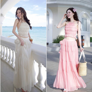 Set đi biển áo cổ yếm nhún eo mocking, Chân váy dáng dài 2 lớp phối hoa tôn dáng Hb.closet S11