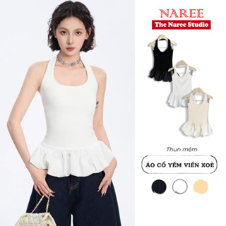 Áo Cổ Yếm Viền Hoa Xoè Bồng Thắt Eo NAREE, Áo Thun Tanktop Peplum Ba Lỗ Dáng Phồng Ôm Sát Nách 414Q