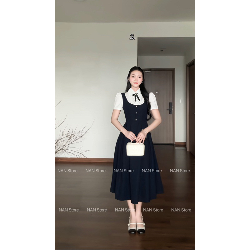 NAN Store - Váy thiết kế xanh than phối cổ somi kèm tag nơ dáng dài