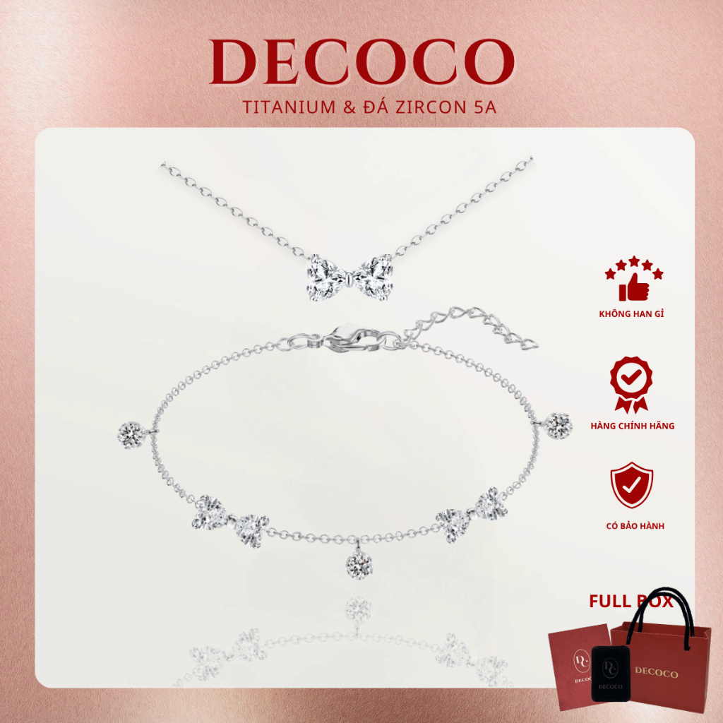 [MUA 1 TẶNG 1 VÒNG CỔ BOWIE] Vòng tay nữ DECOCO Heris đá rơi và nơ titan không đen gỉ ( kèm Túi giấy