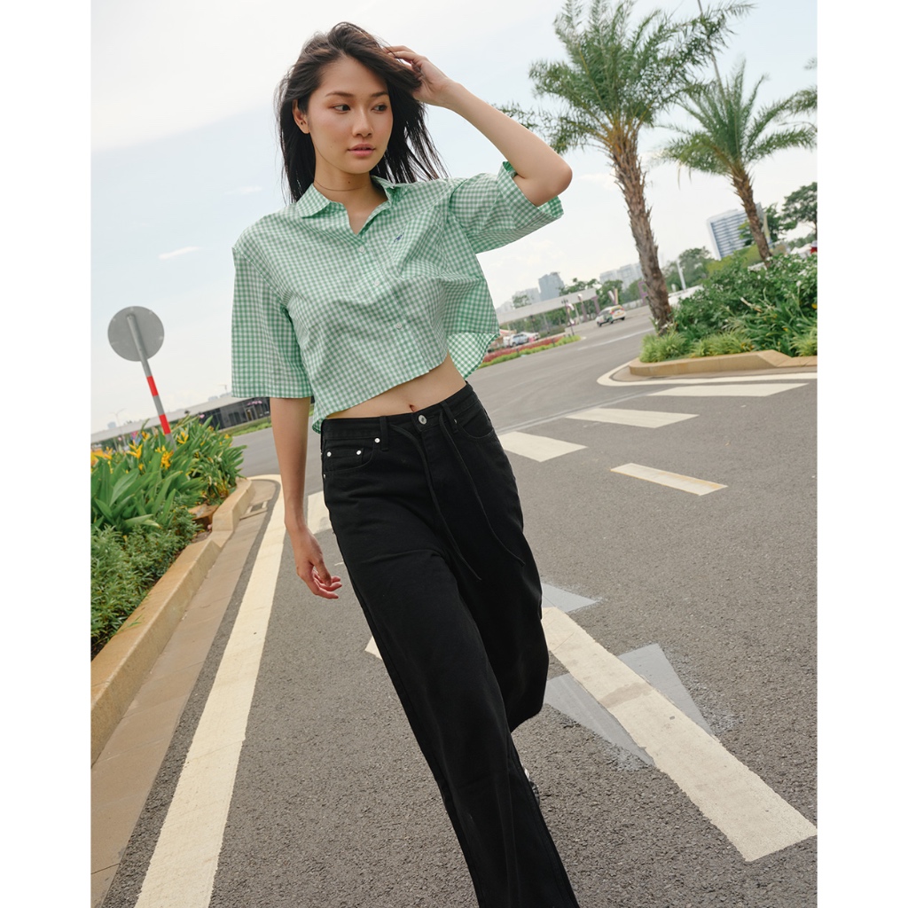 TheBlueTshirt - Áo sơ mi croptop sọc caro tay lỡ phom rộng cho nữ - NewYork Shirt - Women | BigBuy360 - bigbuy360.vn