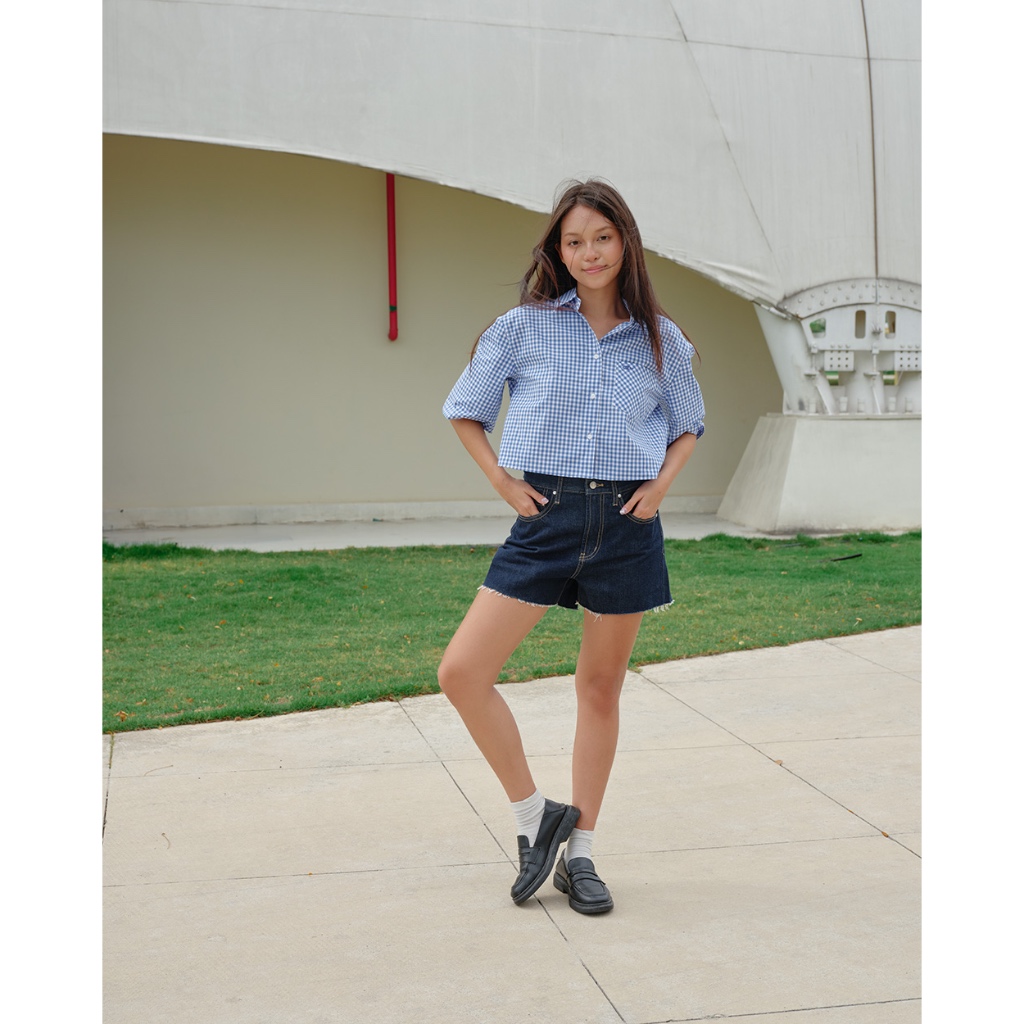 TheBlueTshirt - Áo sơ mi croptop sọc caro tay lỡ phom rộng cho nữ - NewYork Shirt - Women | BigBuy360 - bigbuy360.vn