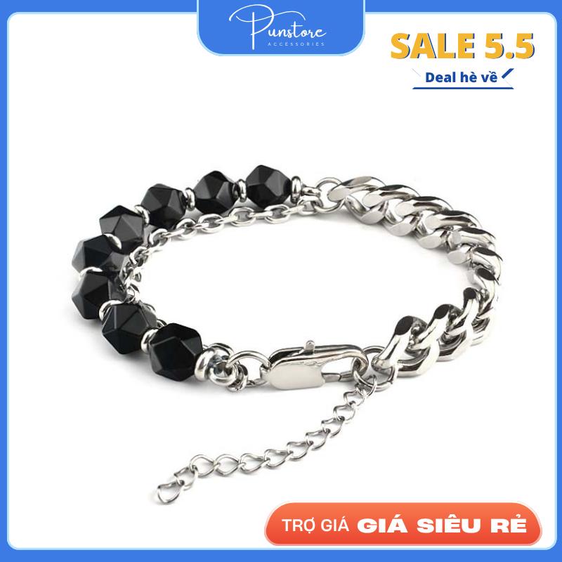 Vòng tay nam nữ thiết kế chuỗi xích đá black Agate mạ bạc titan chống gỉ thời trang phong cách Pun -