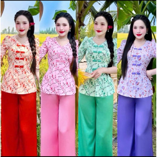 Bộ bà ba cổ tim, tay lỡ, phồng vai, áo lụa bảo anh, quần lụa satin