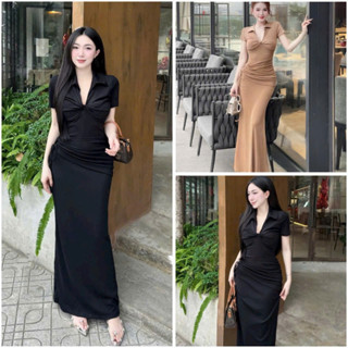 Đầm Body Nữ Cổ Polo Ngắn Tay Xoắn Ngực LUMICA D195, Váy Đuôi Cá Dáng Dài Nhún Eo Thiết Kế Đẳng Cấp Đi Chơi Dự Tiệc