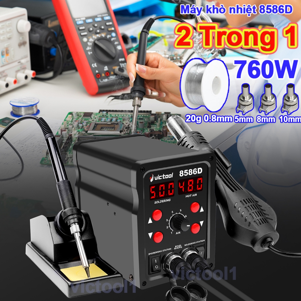 Mỏ hàn thiếc Máy khò nhiệt mỏ hàn thiếc W8586 960W máy khò trạm hàn điện,trạm hàn thiếc 2 trong1 trạ