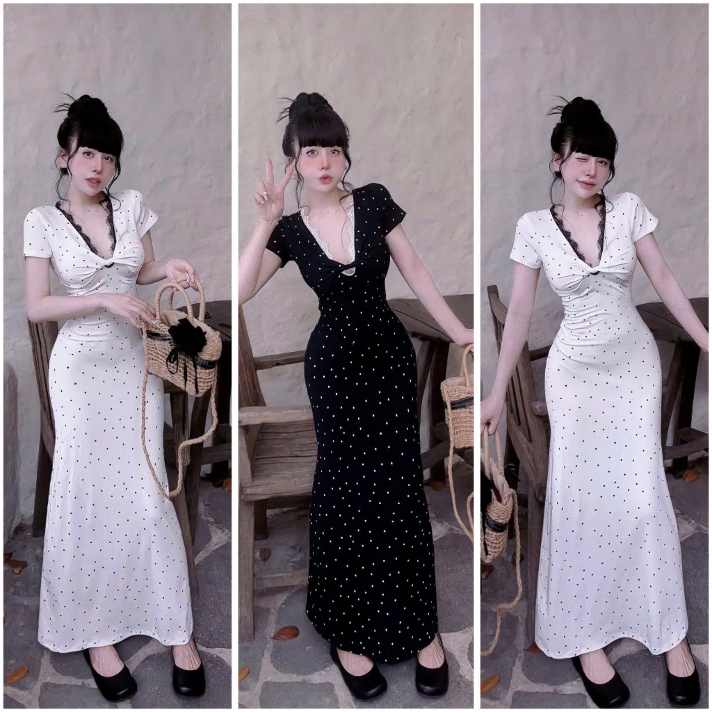 Đầm Body Nữ Ngắn Tay Khoét Ngực Phối Cổ Ren LUMICA D196, Váy Nữ Thiết Kế Dáng Dài Sang Chảnh Chấm Bi