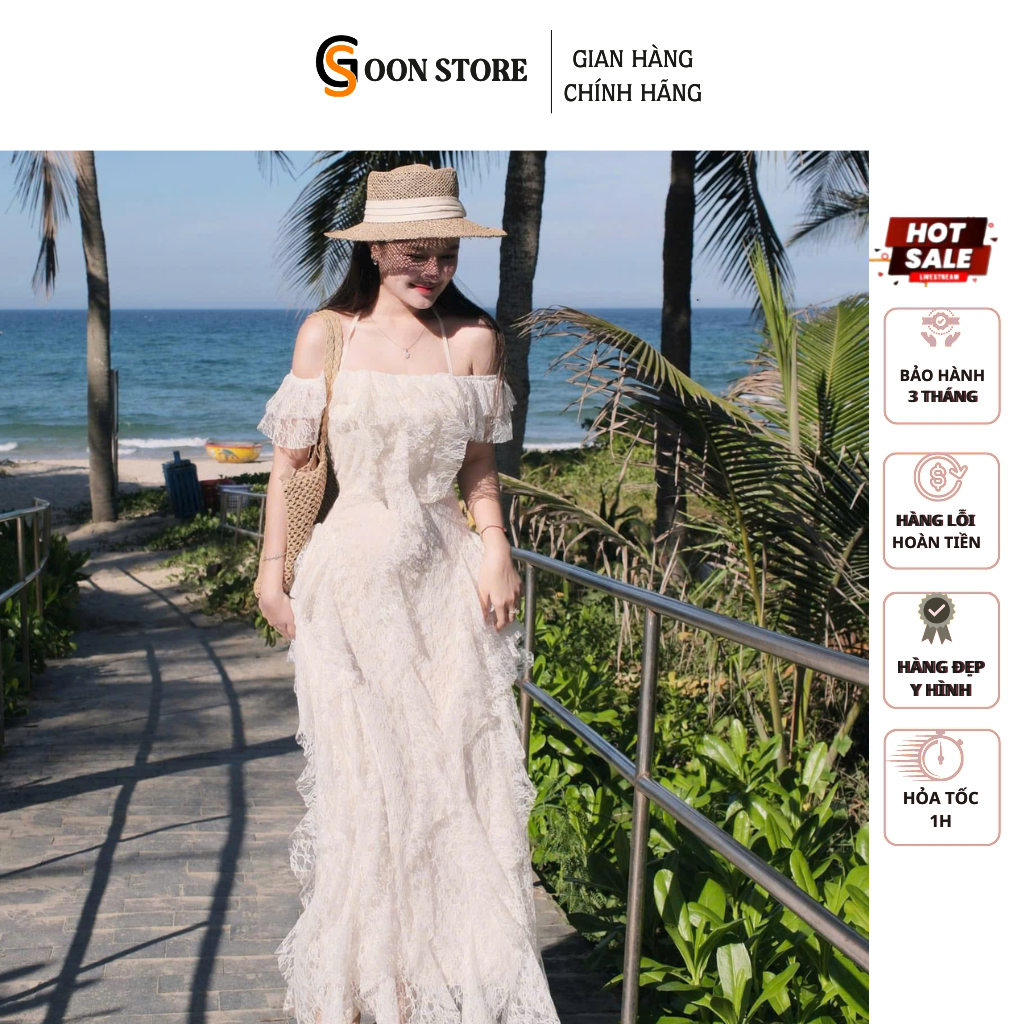Váy nữ trễ vai họa tiết ren Maxi đáng xòe cách điệu, Đầm trễ vai dây yếm cổ chiết eo Goon Store