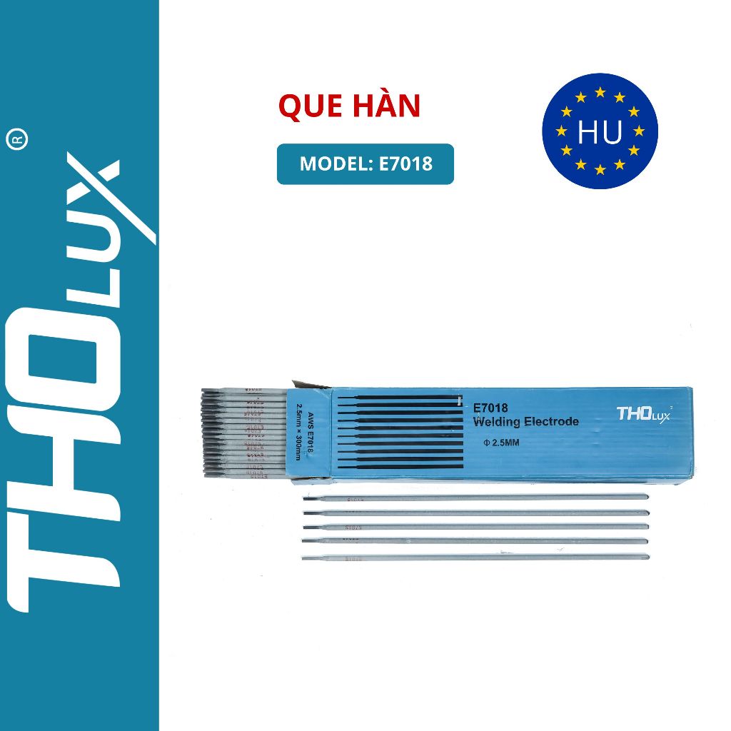 Que hàn E7018 Tholux 2.5mm Chuyên Dụng Dài 300mm, Mối Hàn Mịn Chắc, tiêu chuẩn châu âu
