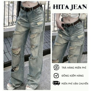   ORTD5815  QUẦN JEAN ỐNG RỘNG NỮ LƯNG CAO RÁCH CÀO TE TUA MÀU XANH NHẠT PHỦ GÓT HACK DÁNG HOT HIT 