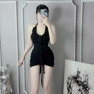 Đầm Body Nữ Dáng Ngắn Cổ Yếm Phối Dây Bèo NOBICO D197, Váy Nữ Nhún Eo Phong Cách Sexy Quyến Rũ Đi Tiệc Đi Chơi