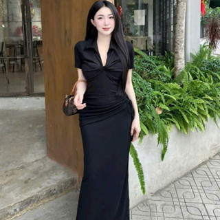 Đầm Body Nữ Cổ Polo Ngắn Tay Xoắn Ngực LONACO D195, Váy Đuôi Cá Dáng Dài Nhún Eo Thiết Kế Sang Trọng Đi Tiệc