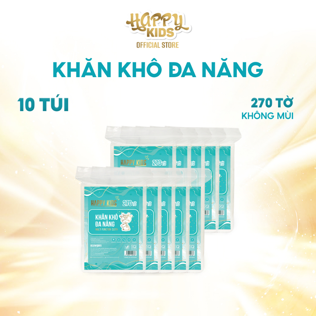 TỔNG KHO HAPPY KID_Thùng 10 khăn vải khô đa năng cho bé Happy Kids túi 270 tờ không mùi