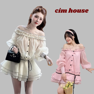 Váy nữ dáng bí xòe sang chảnh đầm trễ vai tay dài phồng tiểu thư nhún em chất tơ xốp kèm quần bảo hộ- MV985 CIMHOUSE