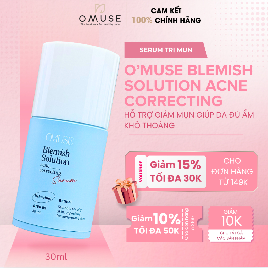 Serum Trị Mụn Retinol O'Muse Blemish Solution Acne Correcting Serum - Làm Dịu Da, Ngăn Ngừa Mụn 30ml