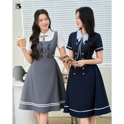 Đầm nữ Twentyfive tone xám sang chảnh với kiểu dáng phối dập, cổ đính nơ phong cách trẻ trung DM54