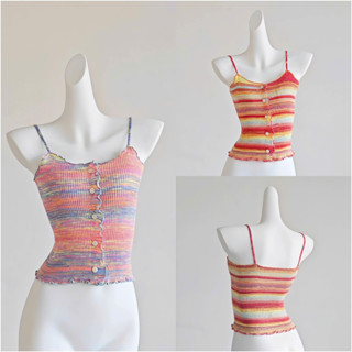 Áo 2 dây sát nách dệt kim nữ ba lỗ len mongtoghi hai dây dáng ôm body croptop kiểu kẻ ngang ngũ sắc