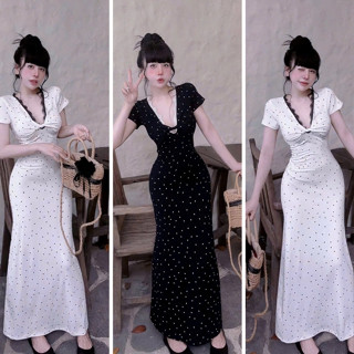 Đầm Body Nữ Ngắn Tay Khoét Ngực Phối Cổ Ren KANOMY D196, Váy Dáng Dài Chấm Bi Ôm Body Thiết Kế Sang Trọng Dự Tiệc Mùa Hè