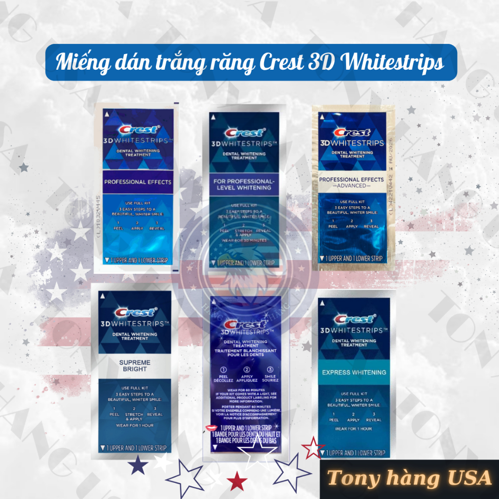 Miếng Dán Trắng Răng Crest 3D WhiteStrips Professional Effects & Express Whitening - Tony US Mart