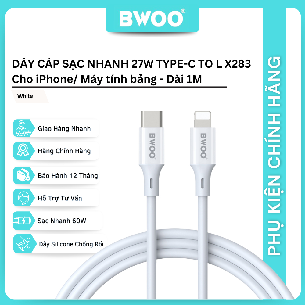 Dây cáp sạc nhanh Silicone Bwoo Cho iPhone, Samsung, Smartphone | Dài 1M Chống rối
