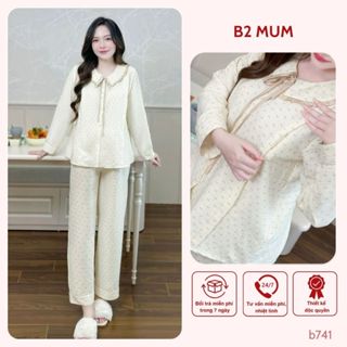 Bộ bầu đũi mềm dáng dài, mặc nhà và sau sinh áo có khóa dọc bé ti quần chun chỉnh bụng B741 B2MUM