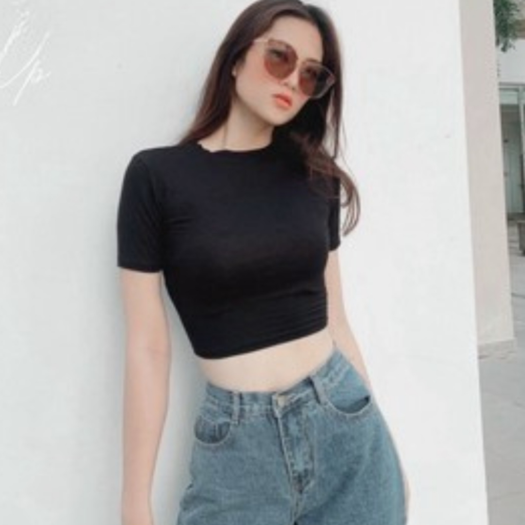Áo Croptop Tay Ngắn Cổ Tròn _ Chất Borip Dày Dặn Mềm Mại Co Giản Mạnh Size 53kg Ảnh Thật 100%