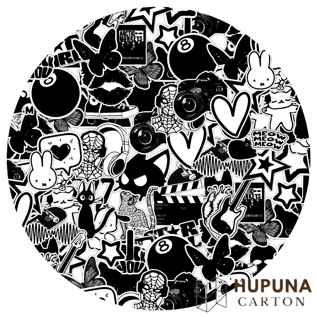 Set 100 Sticker Đen Trắng Cực Ngầu – Phong Cách Graffiti Gothic – Dán Laptop, Mũ Bảo Hiểm, Vali, Điệ