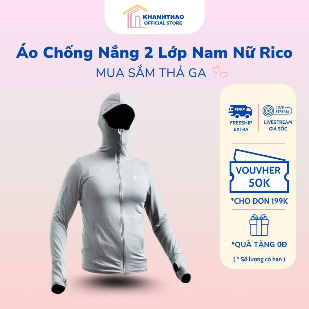 Áo Chống Nắng Nam Nữ 2 Lớp Rico,Chống Tia Uv Có Túi Khóa Co Dãn 4 Chiều Thoáng Khí Thấm Hút Mồ Hôi Cao Cấp