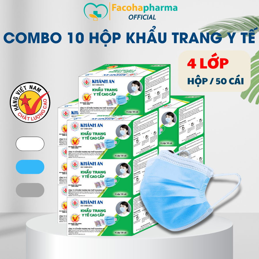 Khẩu trang y tế thùng 500 cái Khánh An mềm mịn thoáng khí tiện lợi chống nắng chống bụi tốt, combo 10 hộp