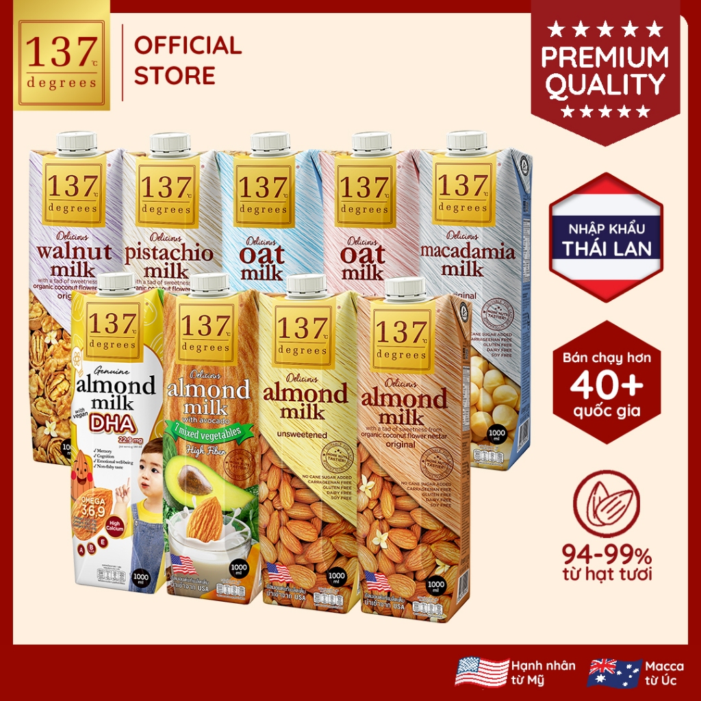 [HỘP 1 LÍT] Sữa Hạt Nguyên Chất 137 Degrees Có Vị Ngọt Từ Mật Hoa Dừa Không Đường Healthy Dinh Dưỡng Thái Lan