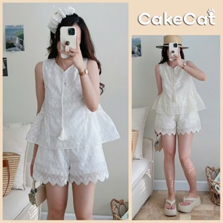   XẢ KHO  Set Áo Babydoll Sát Nách Thêu Hoa Cakecat Kèm Quần Đùi Ren Nữ Dễ Thương Thoải Mái Dạo Phố 
