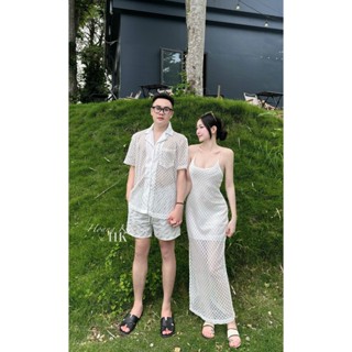 Set đồ đôi váy hai dây ren dáng suông chân chữ A dài kèm áo sơ mi nam xinh xắn tiểu thư cho các cặp – BaoTrang.clothes