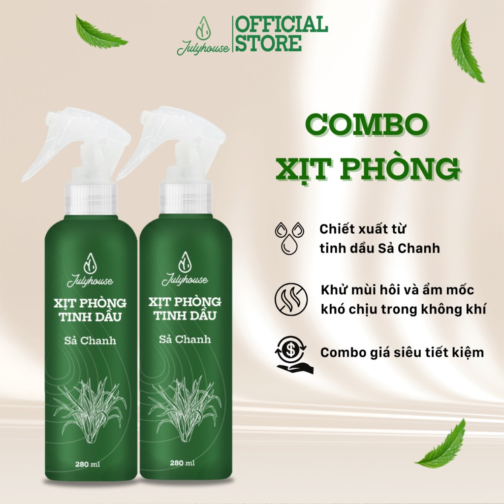 Combo 2 bình xịt phòng tinh dầu Sả Chanh 280ml/chai JULYHOUSE khử mùi thơm phòng cấp tốc