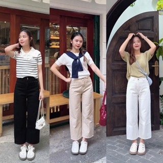 Quần Jean Suông Form Lửng Trắng Kem Nấm Lùn (88cm) LEDA Nữ Quần Bò Nấm Lùn 9 Tấc