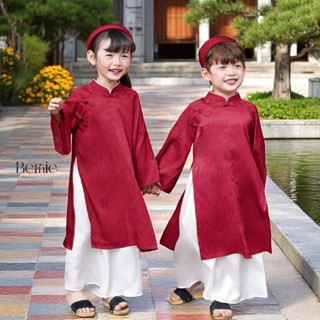 [8-22kg] Áo dài tức truyền thống lụa đỏ BERNIE cho bé trai bé gái đi chơi Tết, chụp hình AD45