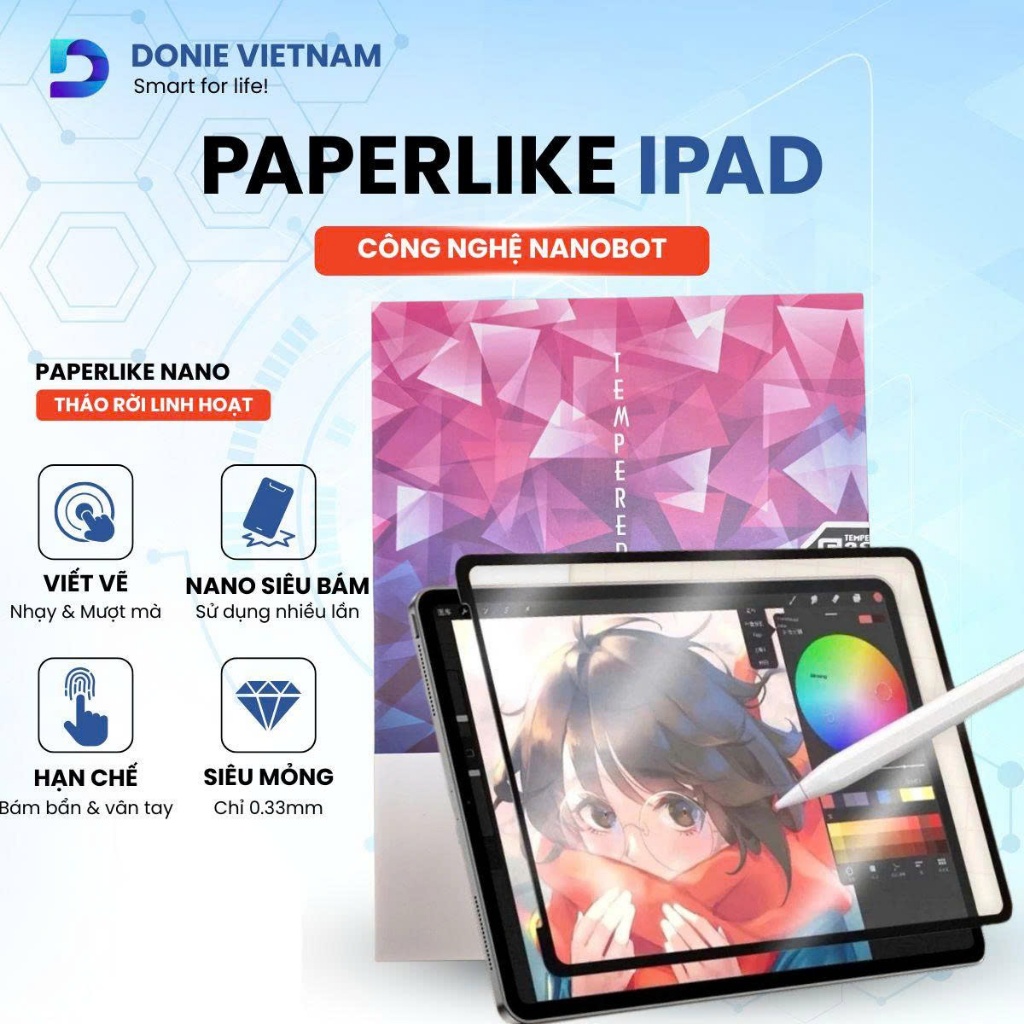 Miếng Dán Paperlike iPad Donie Vietnam Hạt Nano ,Tháo Rời, Chất Nhám Mịn, Tăng Cường Hiển Thị, Dán N