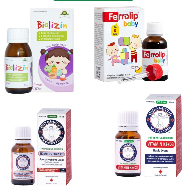 Kẽm Biolizin, sắt Ferrolip Baby, K2d3 và men 10 chủng BioAmicus - Chính hãng